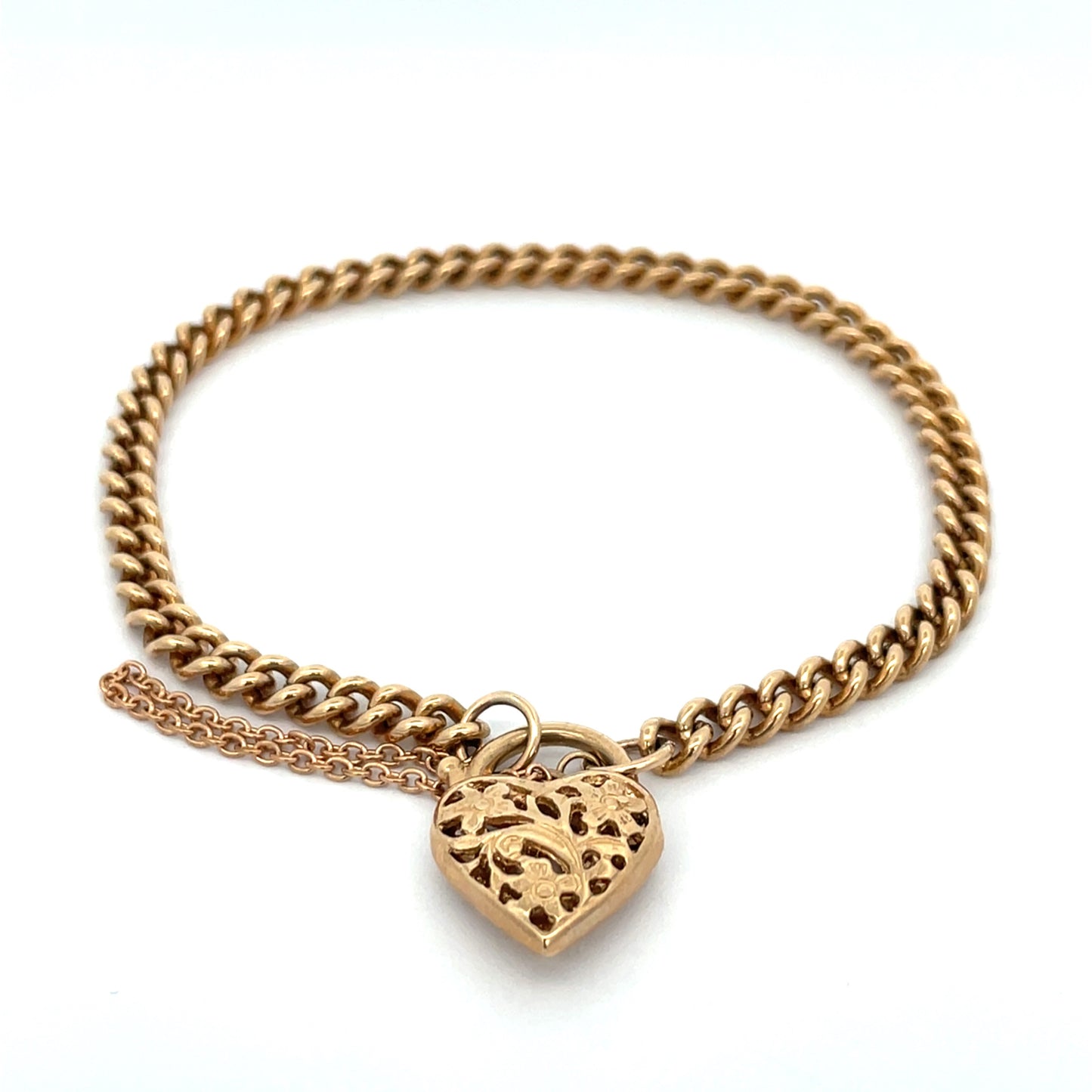 9ct Yellow Gold Curb Bracelet with Filigree Heart Locket