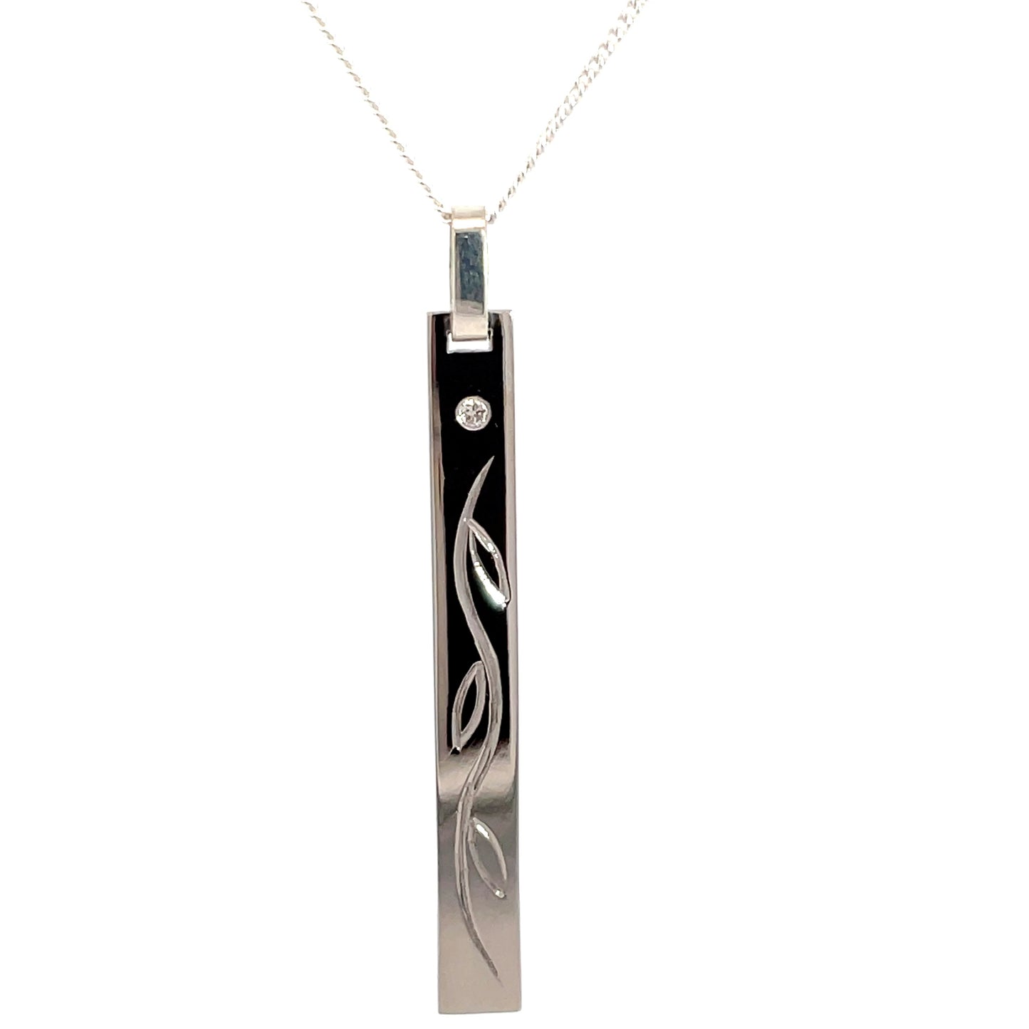 9ct White Gold Diamond Drop Bar Pendant and SS Chain