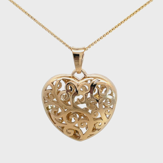 9ct Yellow Gold Filigree Heart Pendant and Chain