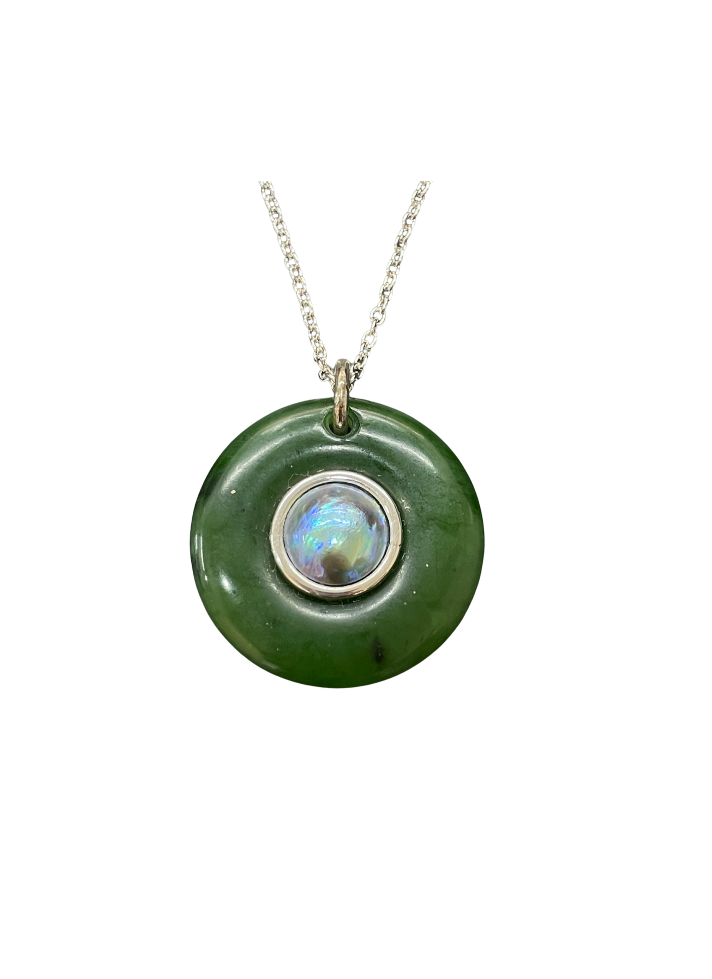 Sterling Silver Greenstone and Mabe Paua Pearl Large Pendant and chain