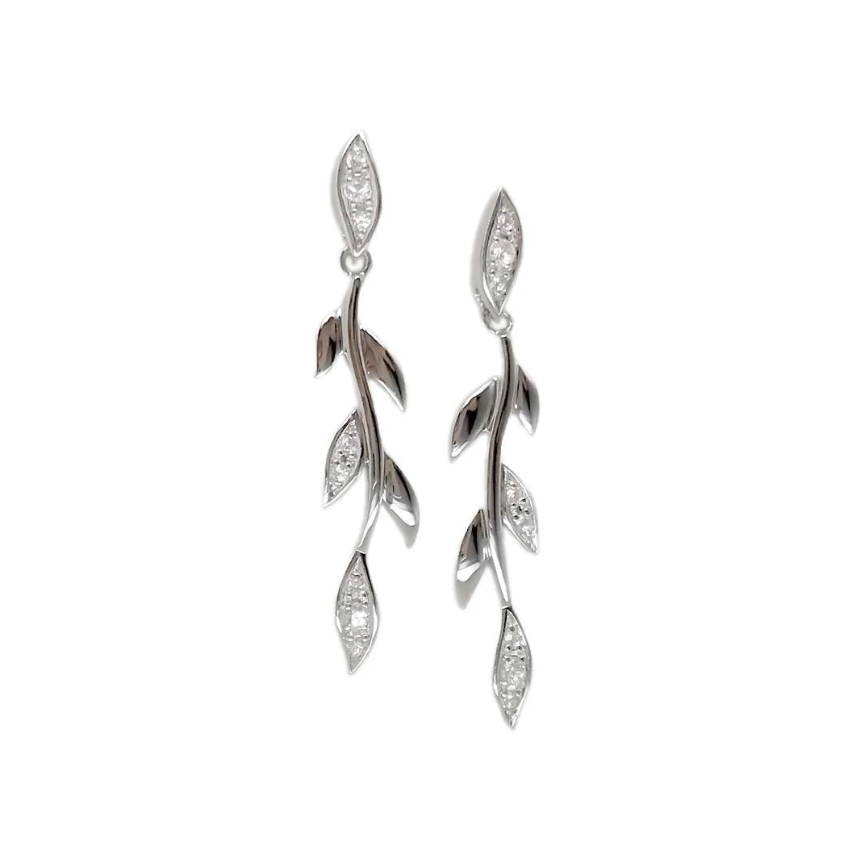 Sterling Silver Leaf Drop Earrings with White Sapphires