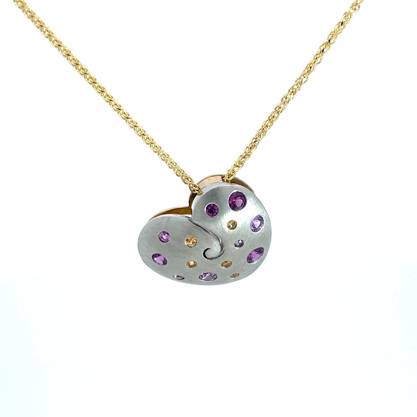 18ct White Gold Yellow and Purple Sapphire Heart Pendant