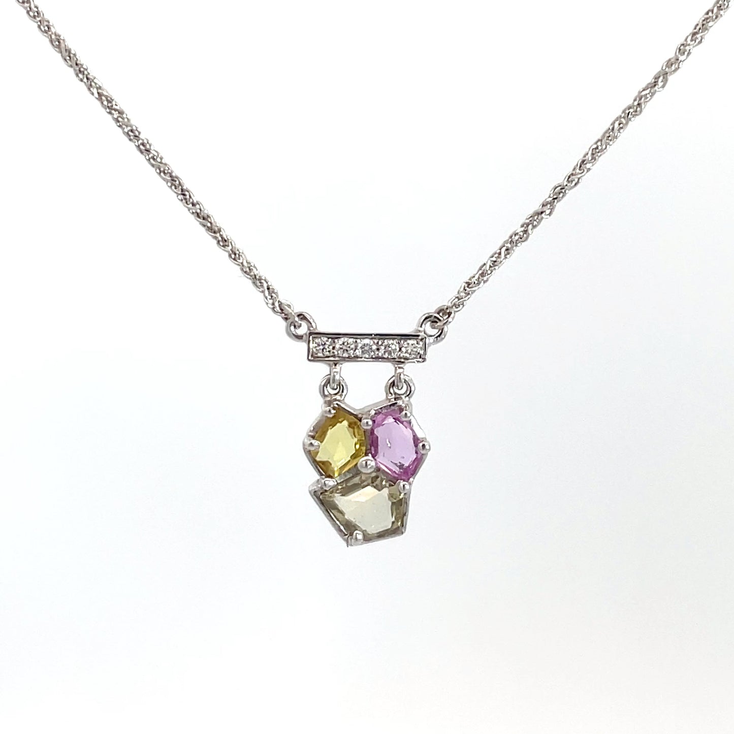 9ct White Gold 3 Rose Cut Sapphire and Diamond Pendant