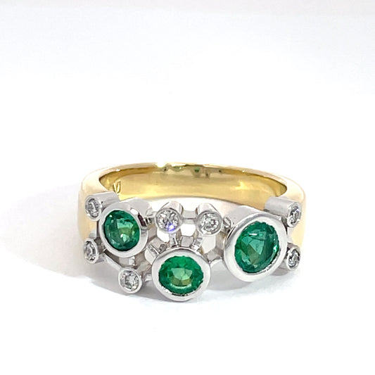 18ct Yellow and White Gold Emerald and Diamond Cluster Ring