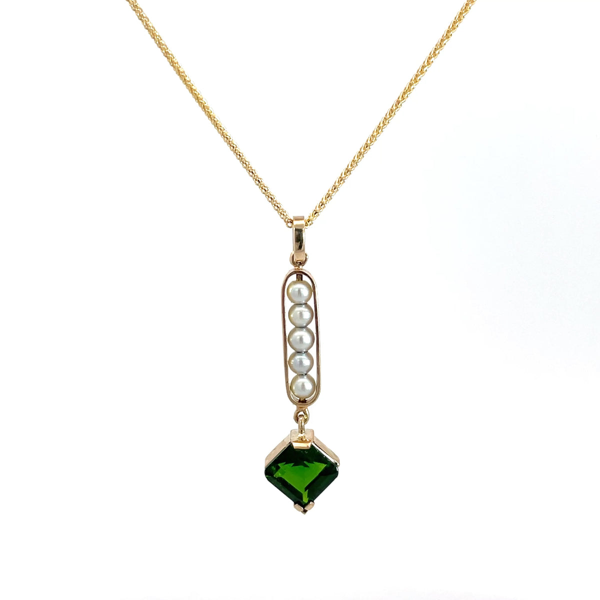 9ct Yellow Gold Chrome Diopside and Pearl Pendant