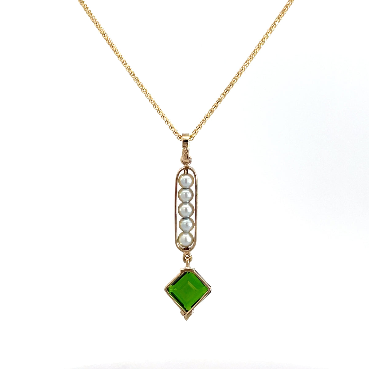 9ct Yellow Gold Chrome Diopside and Pearl Pendant