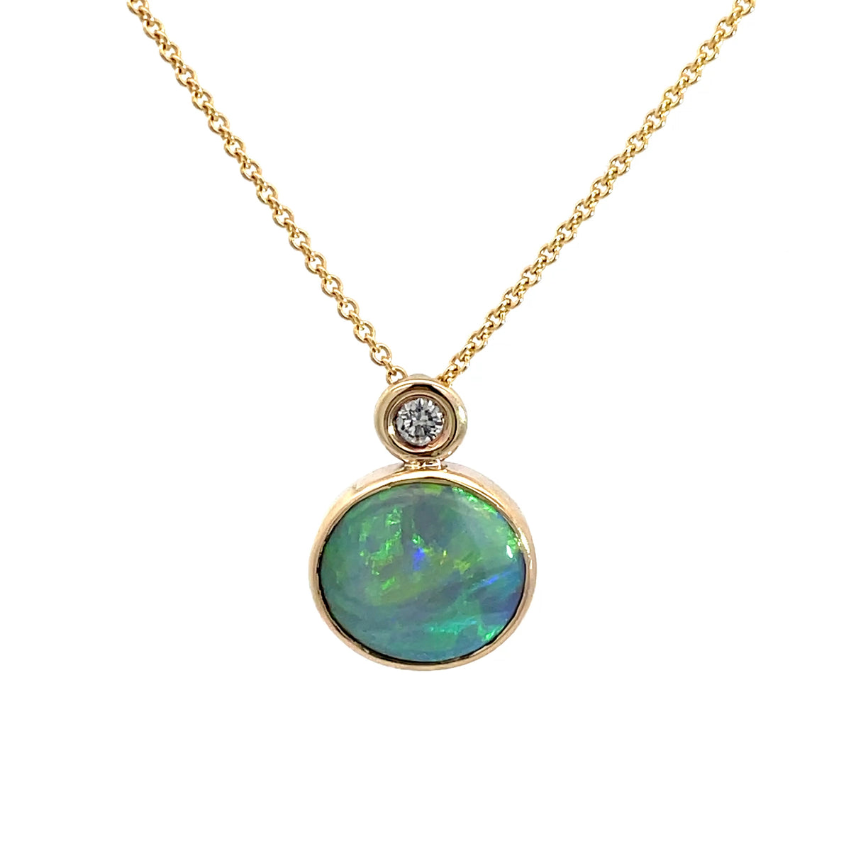 9ct Yellow Gold Opal and Diamond Pendant and Chain