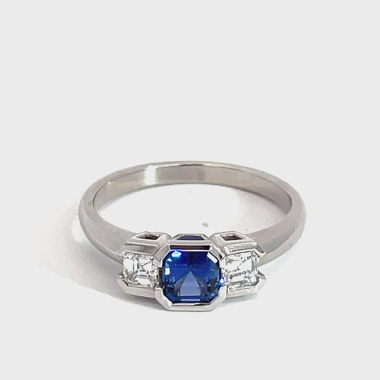 Platinum Sapphire and Diamond Asscher Ring