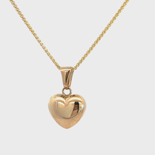 9ct Yellow Gold Puff Heart Pendant and Chain