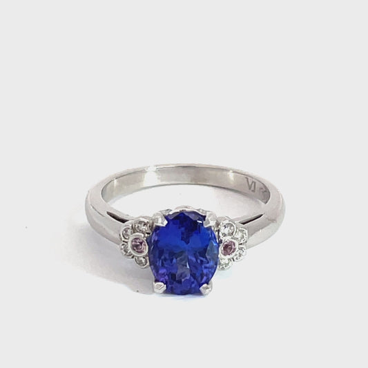 18ct White Gold Blue Tanzanite, Pink Sapphires and Diamond Ring