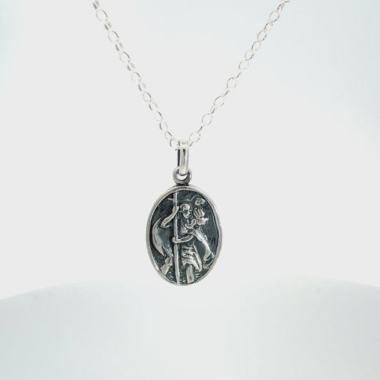 Sterling Silver St Christopher Oval Pendant and Chain