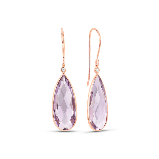 9ct Rose Gold Pink Amethyst and Diamond Hook Earrings