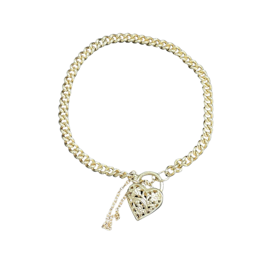 9ct Yellow Gold Curb Bracelet with Filigree Heart Locket