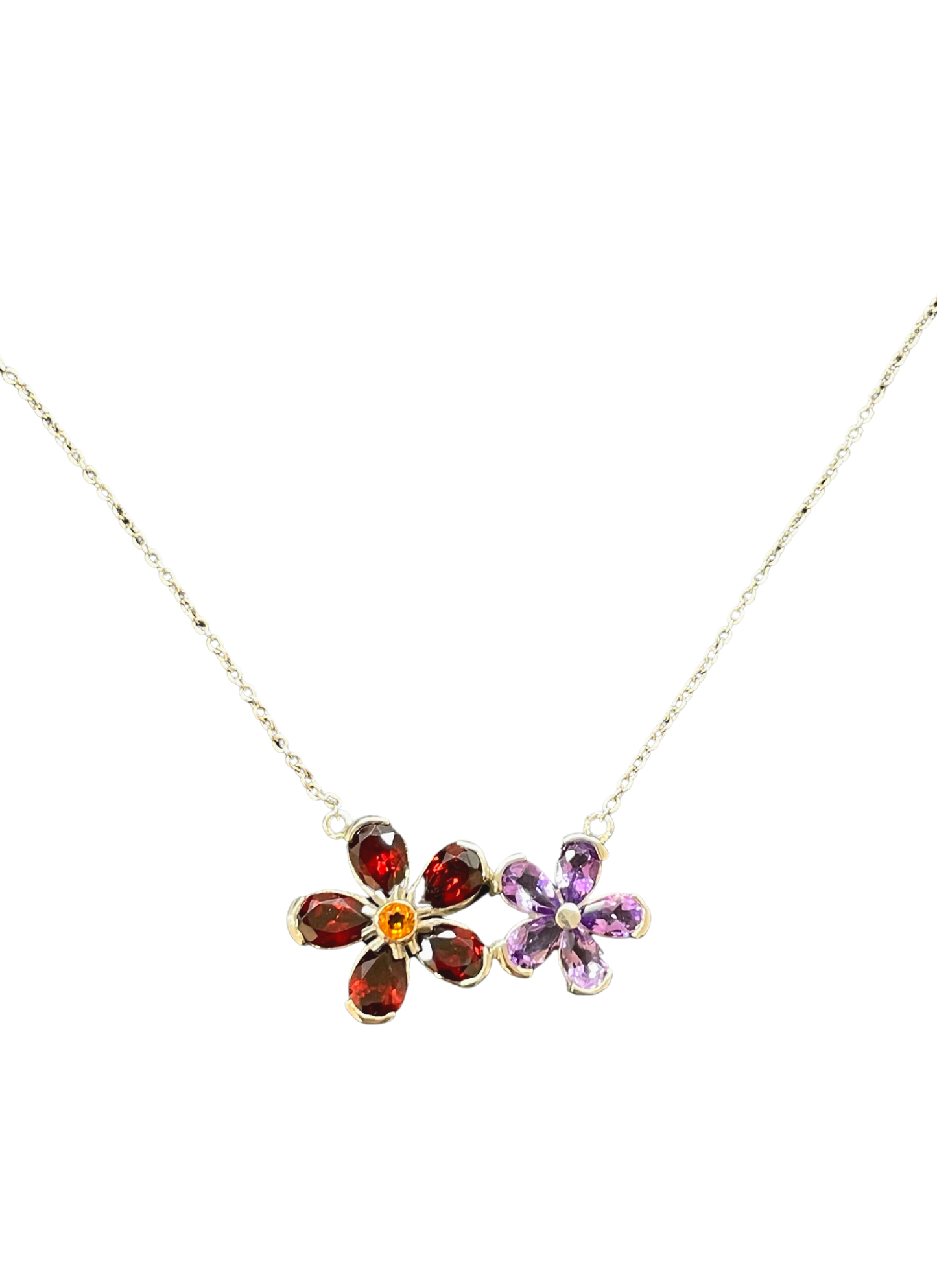 Sterling Silver Garnet and Amethyst Flower Necklace